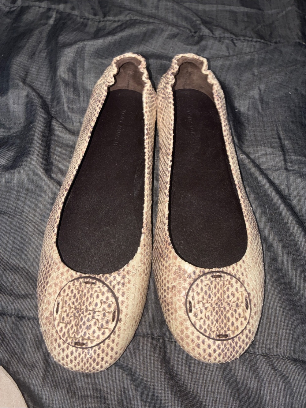 Tory Burch Snake-Embossed Tan Ballet Flats never worn NWOT